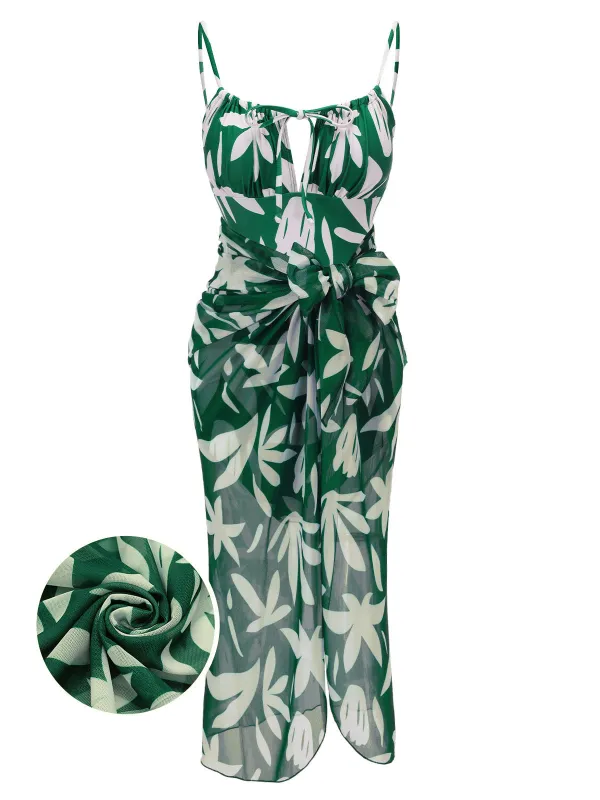 ‍1960s Green Leaf Sleeveless Camisole Strap Swimsuit (60% off) sold by Retro Stage