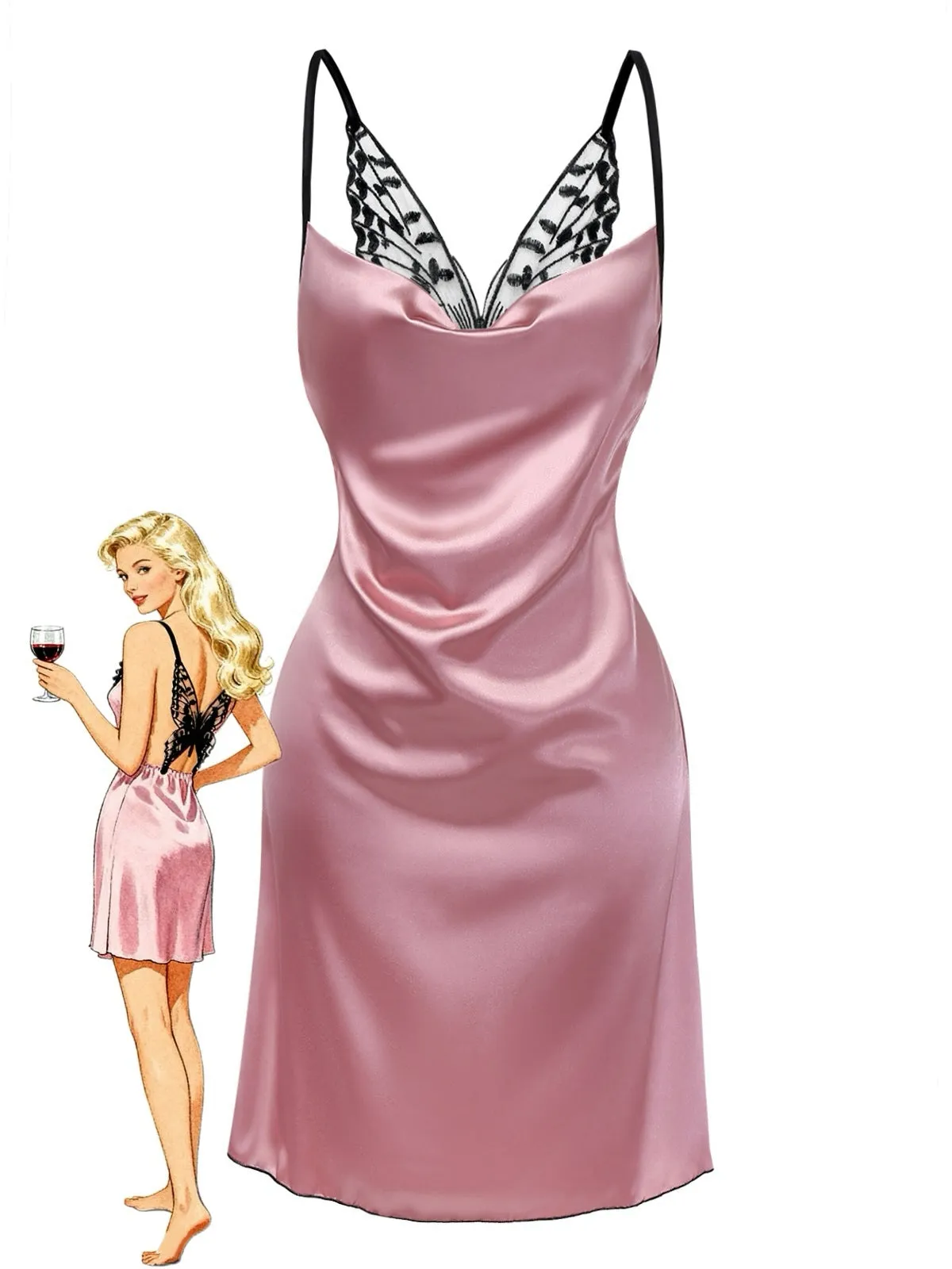 1980s Satin Slip Butterfly Lace Nightgown sold by Retro Stage product image thumbnail 3
