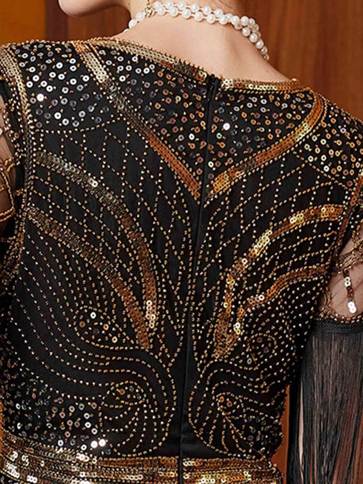 Gold 1920s Sequin Tassel V-Neck Maxi Dress sold by Retro Stage product image thumbnail 4