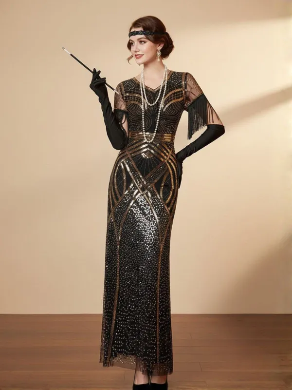 Gold 1920s Sequin Tassel V-Neck Maxi Dress made by Retro Stage