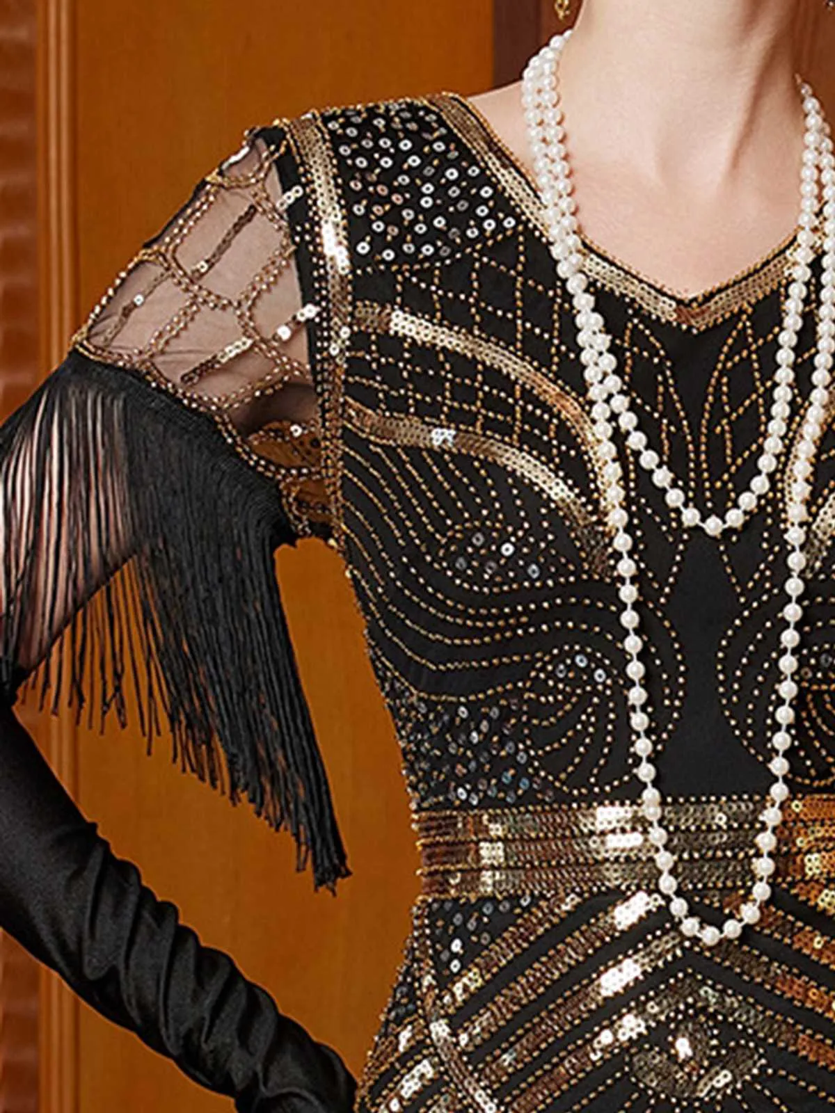 Gold 1920s Sequin Tassel V-Neck Maxi Dress sold by Retro Stage product image thumbnail 3