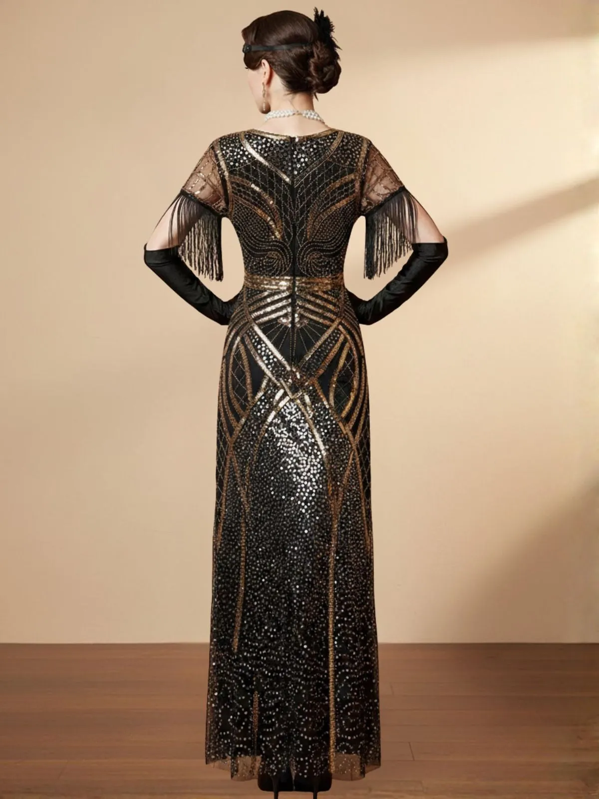 Gold 1920s Sequin Tassel V-Neck Maxi Dress sold by Retro Stage product image thumbnail 2