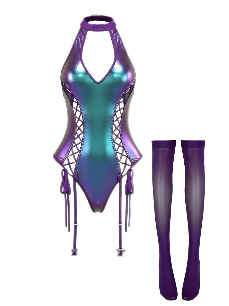 1980s Patent Leather Halter Lace-Up Bodysuit Lingerie Set sold by Retro Stage product image thumbnail 2