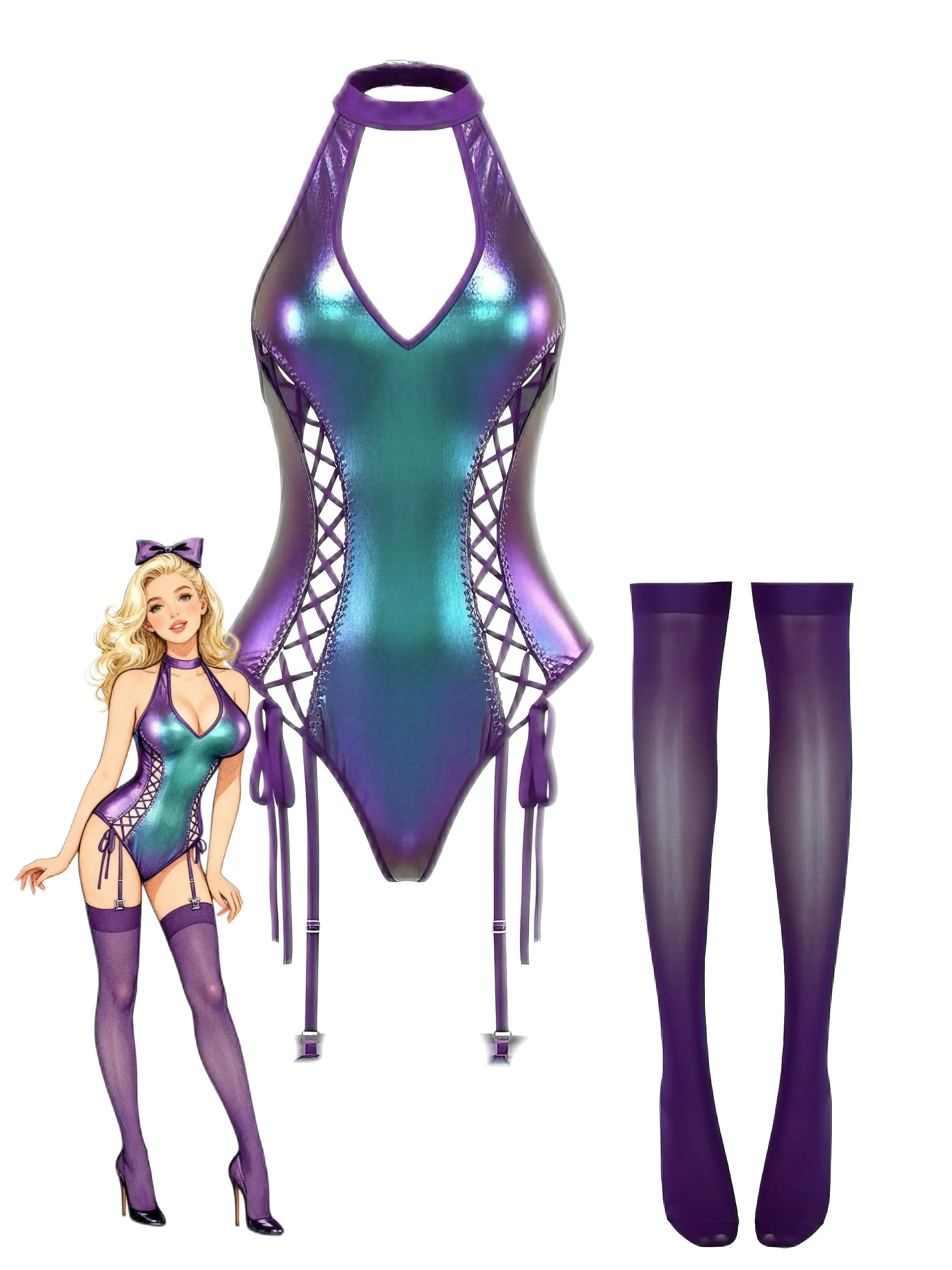 1980s Patent Leather Halter Lace-Up Bodysuit Lingerie Set sold by Retro Stage