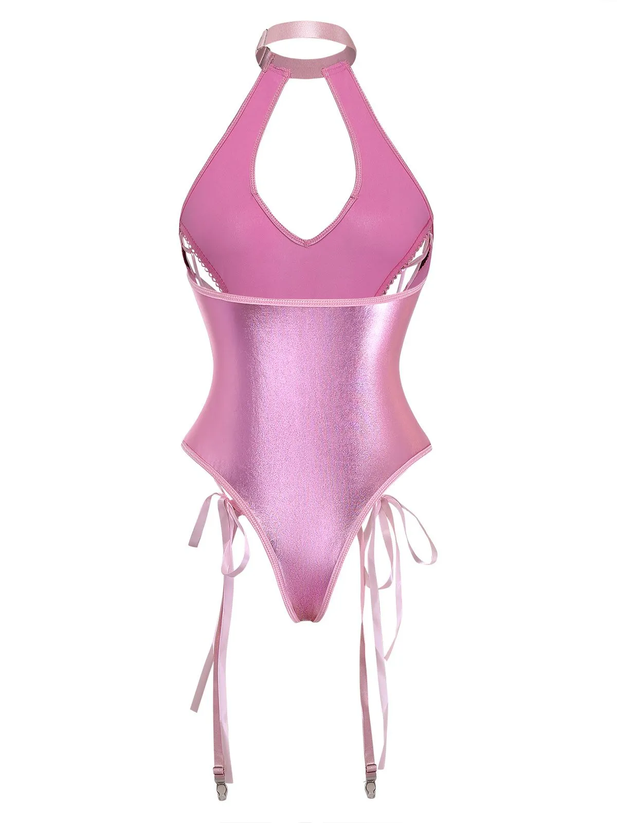 1980s Patent Leather Halter Lace-Up Bodysuit Lingerie Set sold by Retro Stage product image thumbnail 5