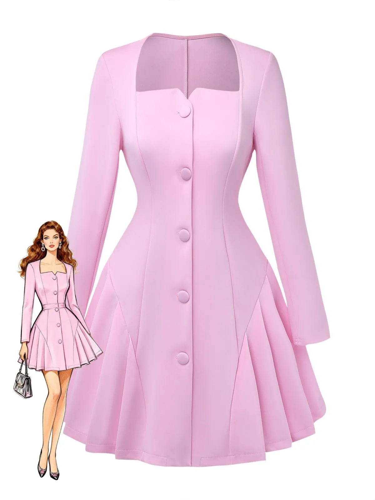 1950s Sweetheart Neck Long Sleeve Solid Pleated Dress sold by Retro Stage