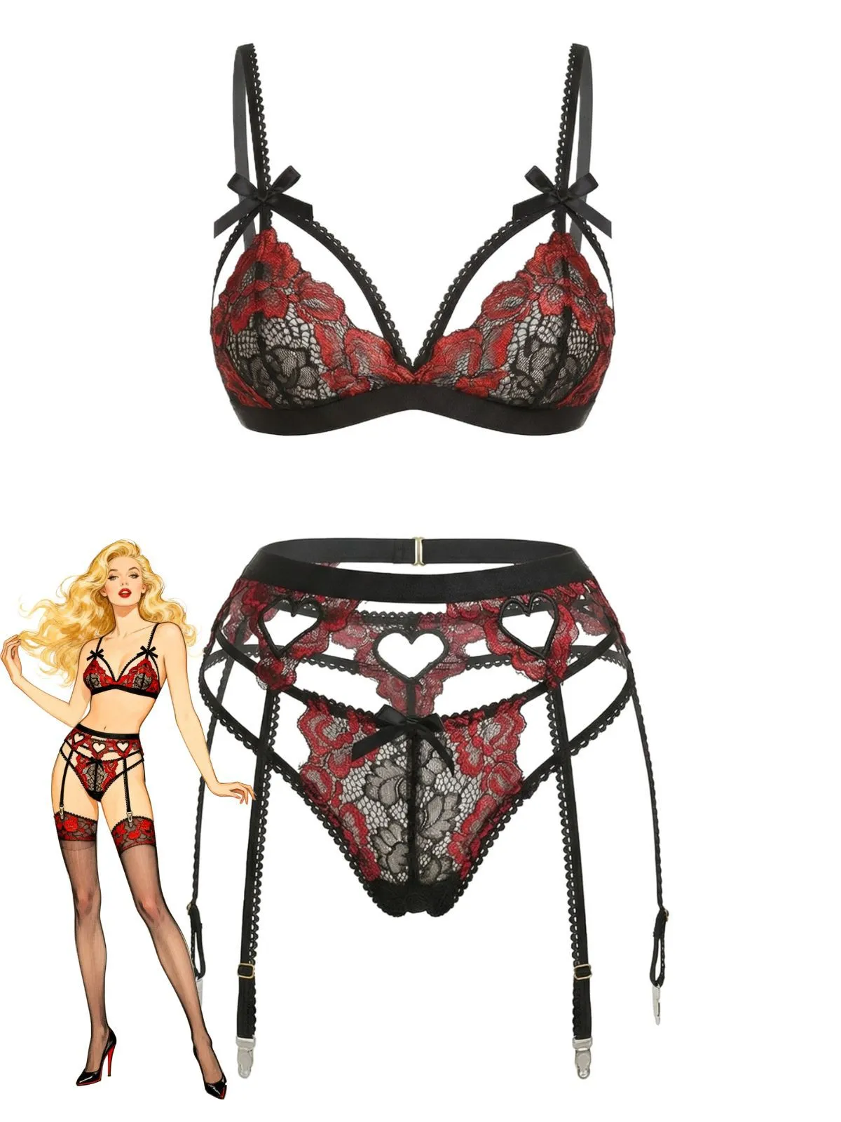 1960s Black Lace Heart Design Lingerie Set sold by Retro Stage