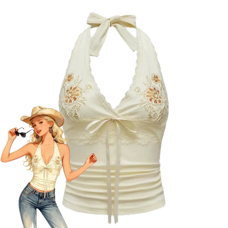 Ivory 1980s Embroidered Lace Floral Halter Top made by Retro Stage