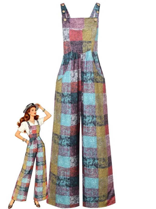 1940s Plaid Pockets Wide Legs Jumpsuit made by Retro Stage