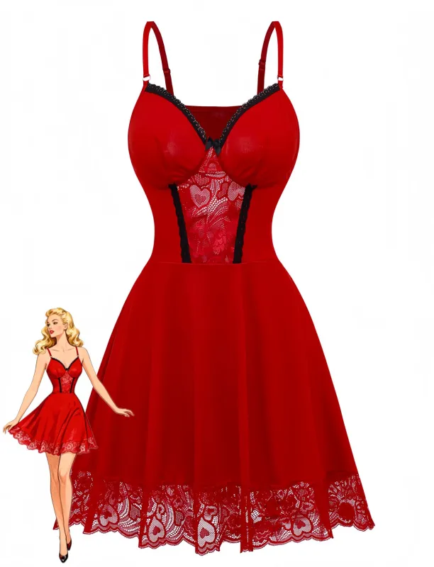 Red 1940s Spaghetti Strap Lace Trim Nightgown sold by Retro Stage