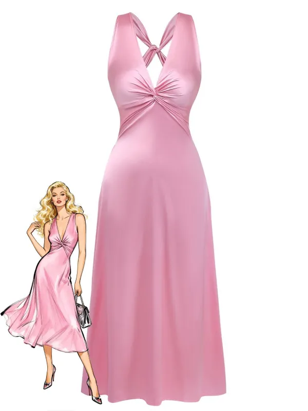 Pink 1930s Satin V-Neck Twist Midi Dress sold by Retro Stage