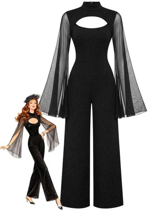 Black 1930s Sparkly Cutout Jumpsuit with Cape sold by Retro Stage