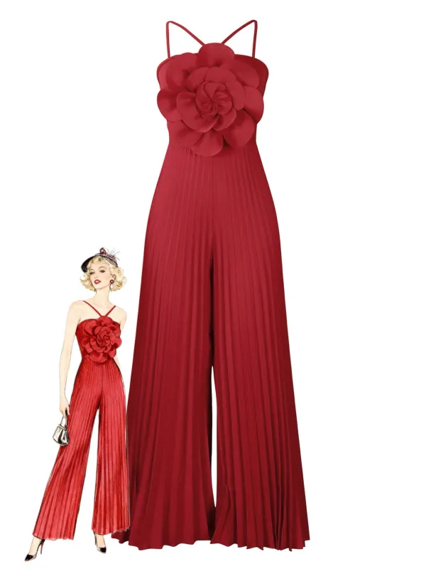 1970s Spaghetti Strap 3D Rose Solid Jumpsuit sold by Retro Stage