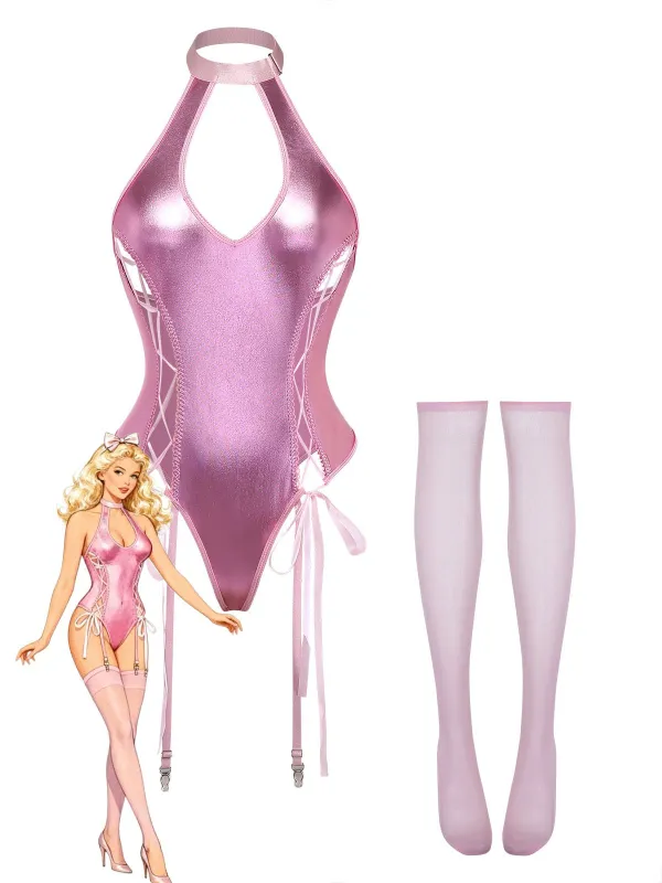 1980s Patent Leather Halter Lace-Up Bodysuit Lingerie Set sold by Retro Stage