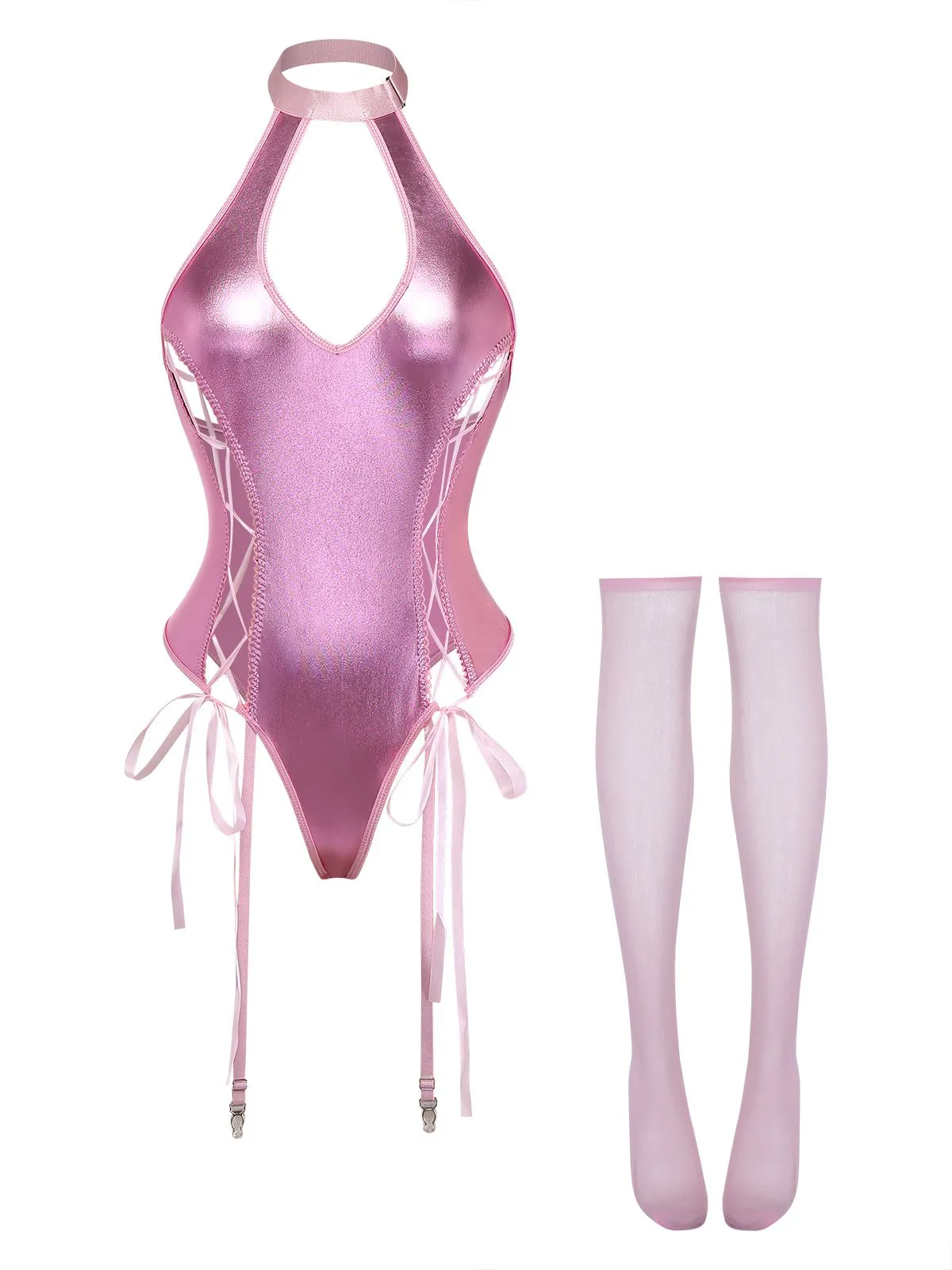 1980s Patent Leather Halter Lace-Up Bodysuit Lingerie Set sold by Retro Stage product image thumbnail 2