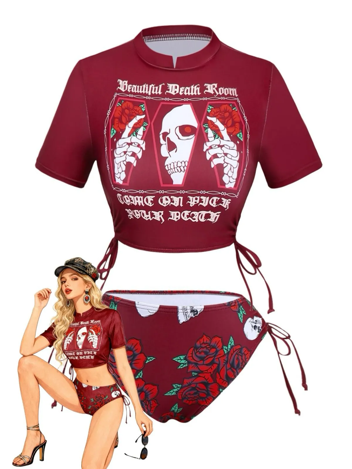 1980s Black Skull Rose Graphic Bikini Set sold by Retro Stage product image thumbnail 4