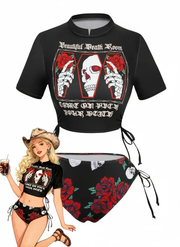 1980s Black Skull Rose Graphic Bikini Set sold by Retro Stage