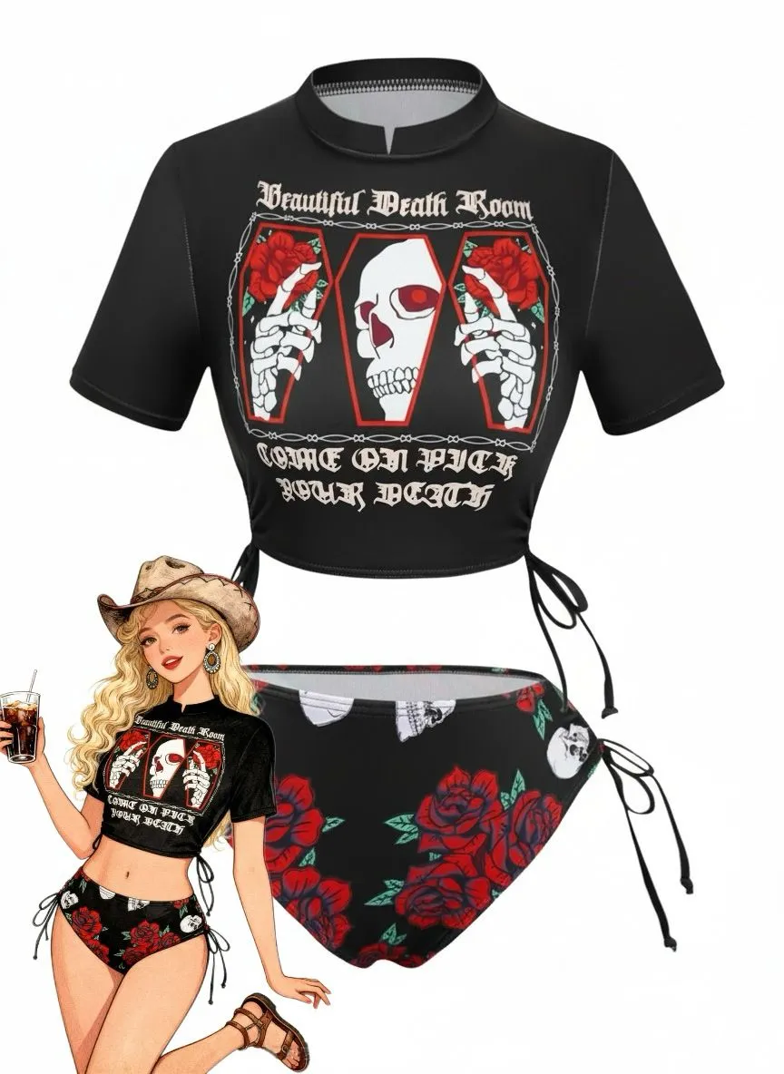 1980s Black Skull Rose Graphic Bikini Set sold by Retro Stage