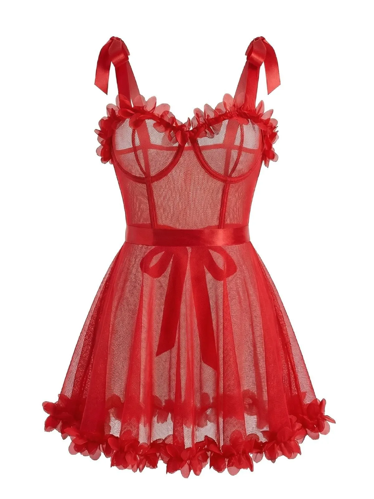Red 1960s Solid 3D Floral Lace-Up Sleepwear sold by Retro Stage product image thumbnail 2