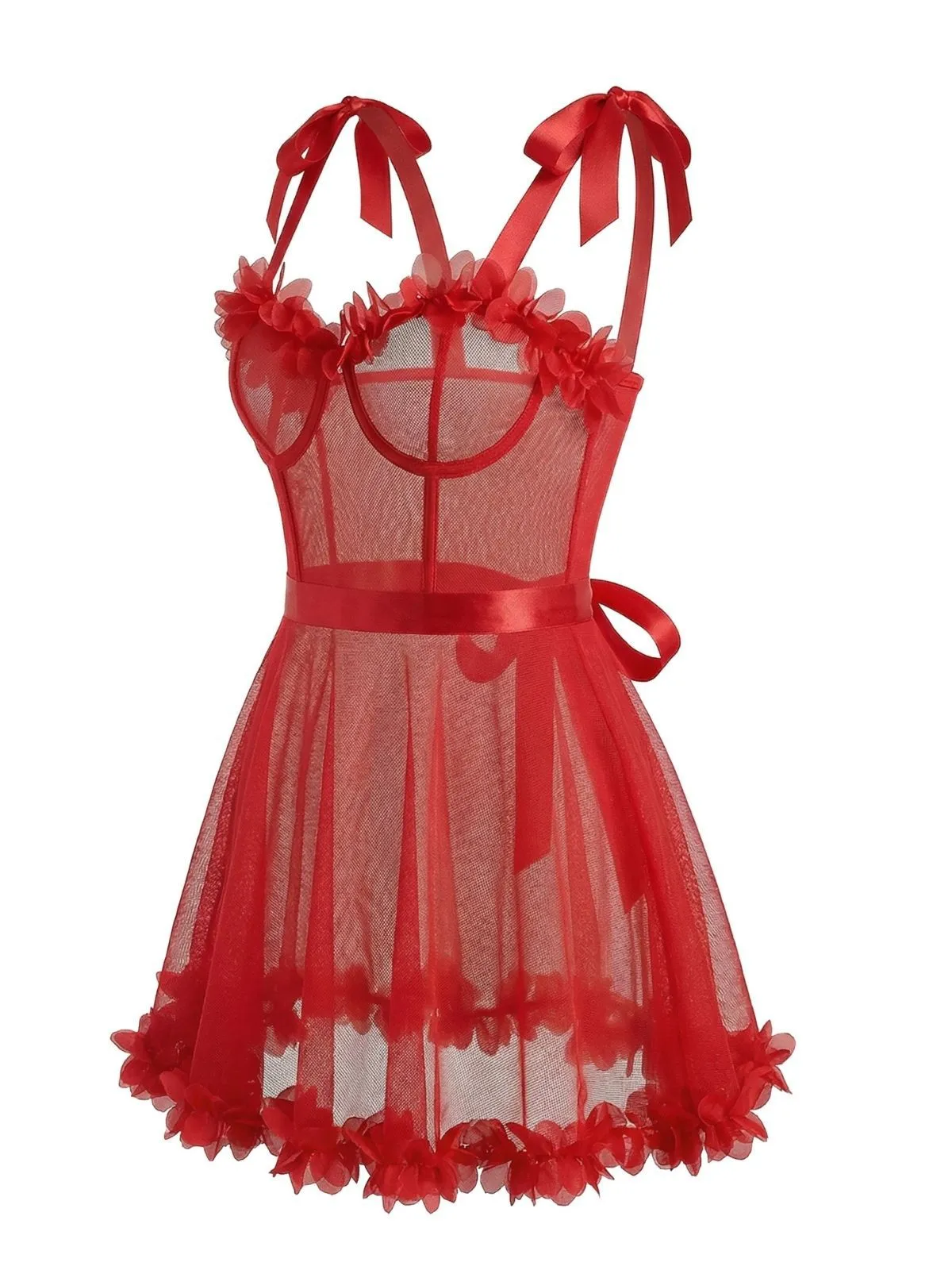 Red 1960s Solid 3D Floral Lace-Up Sleepwear sold by Retro Stage product image thumbnail 3
