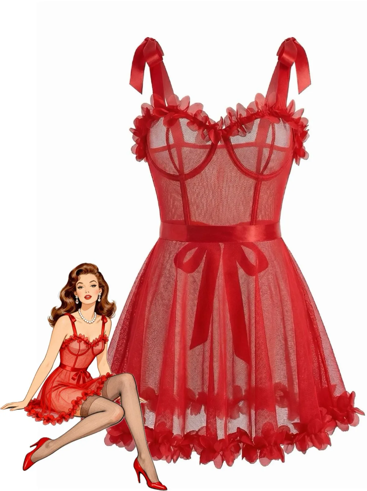 Red 1960s Solid 3D Floral Lace-Up Sleepwear sold by Retro Stage