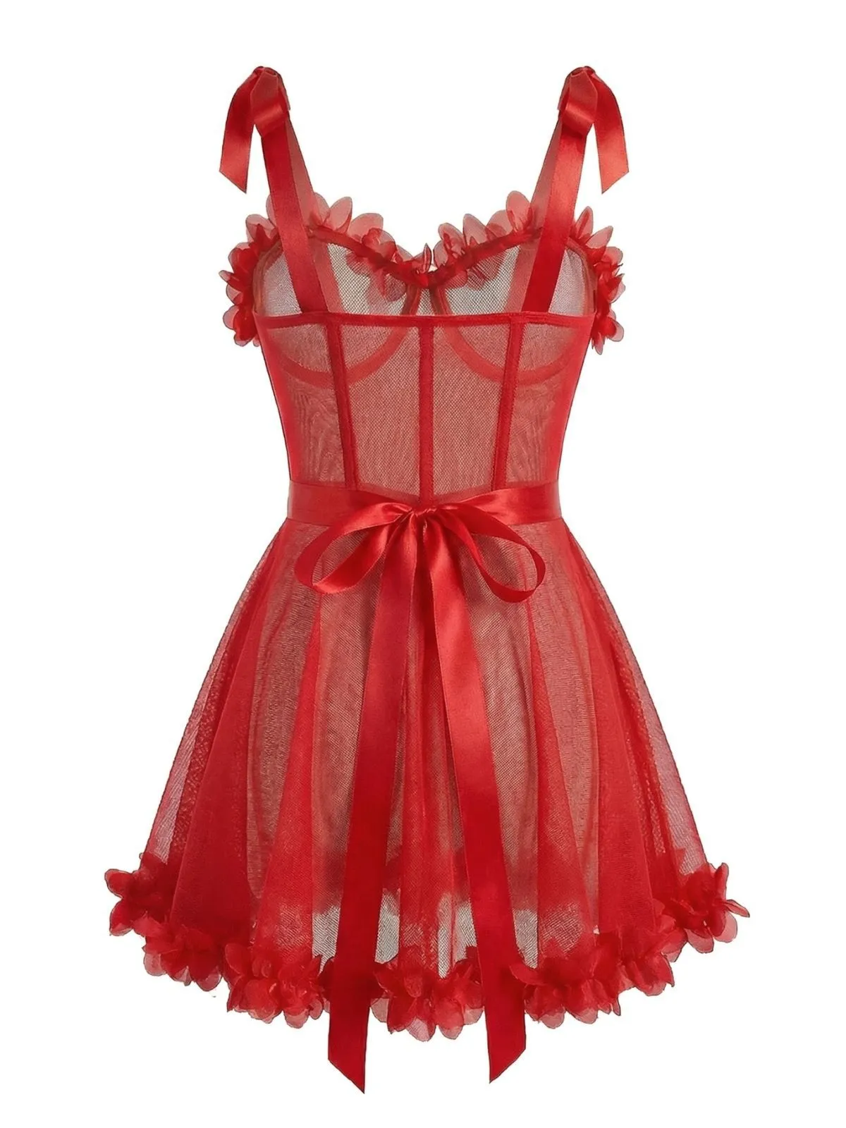 Red 1960s Solid 3D Floral Lace-Up Sleepwear sold by Retro Stage product image thumbnail 4