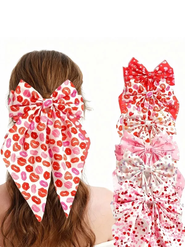 Valentine's Day Heart Print Bow Hairpin sold by Retro Stage