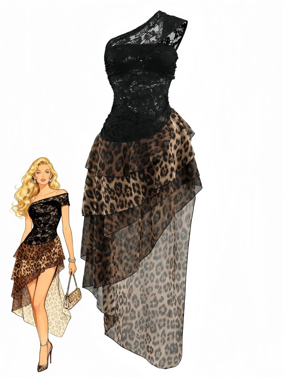 Black 1980s Lace Leopard Print Asymmetrical Dress sold by Retro Stage