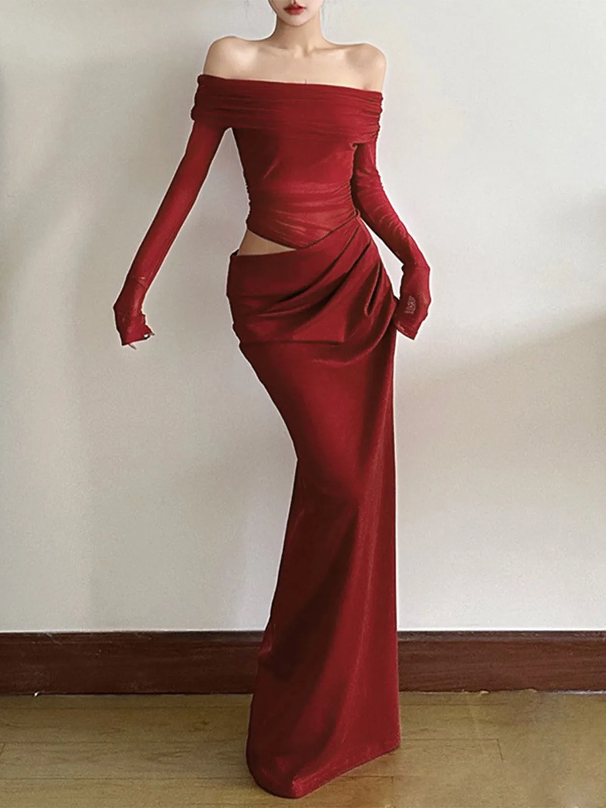 1980s Solid Off-Shoulder Mesh Cut-Out Sheer Dress sold by Retro Stage product image thumbnail 3