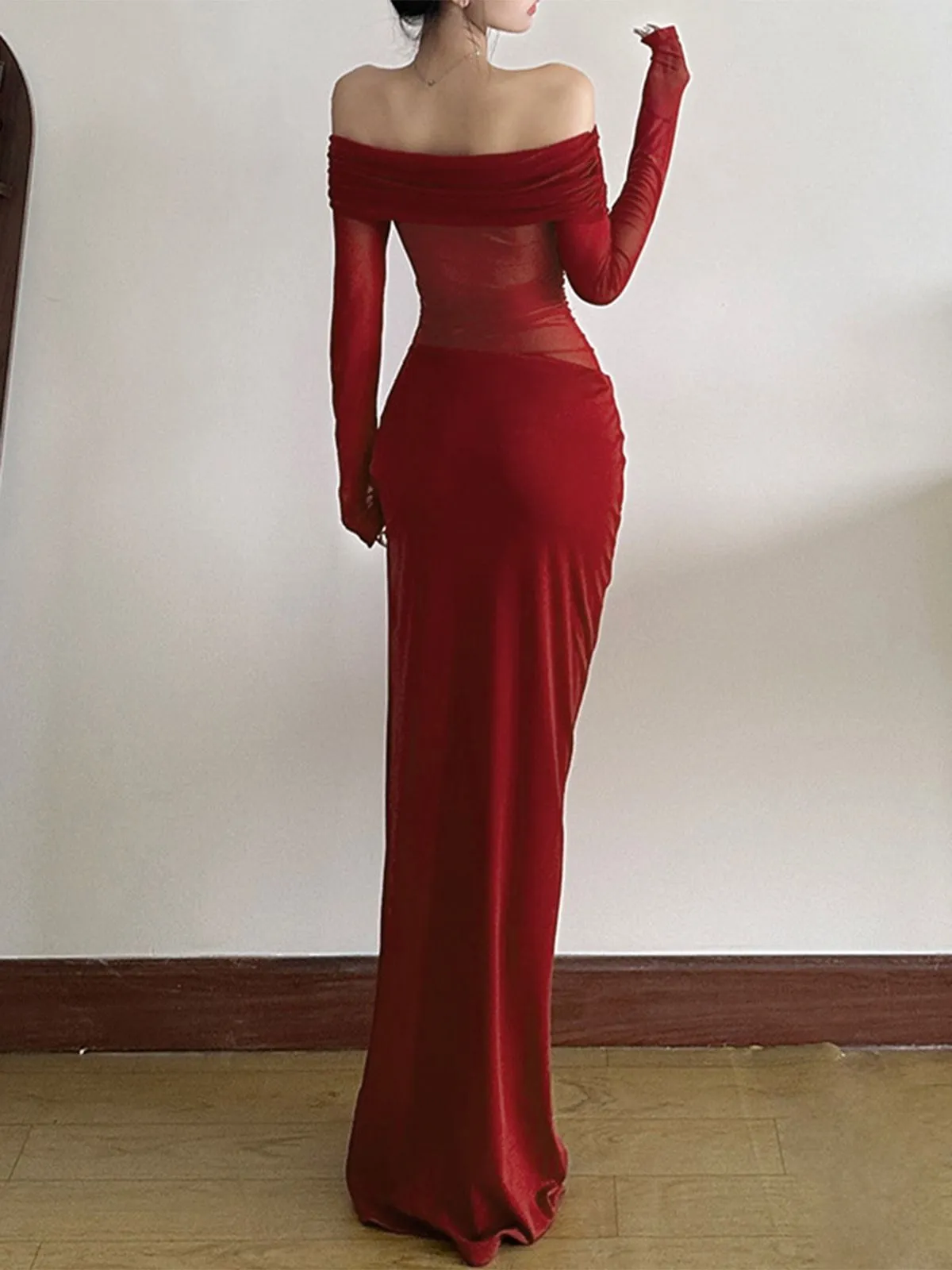 1980s Solid Off-Shoulder Mesh Cut-Out Sheer Dress sold by Retro Stage product image thumbnail 4