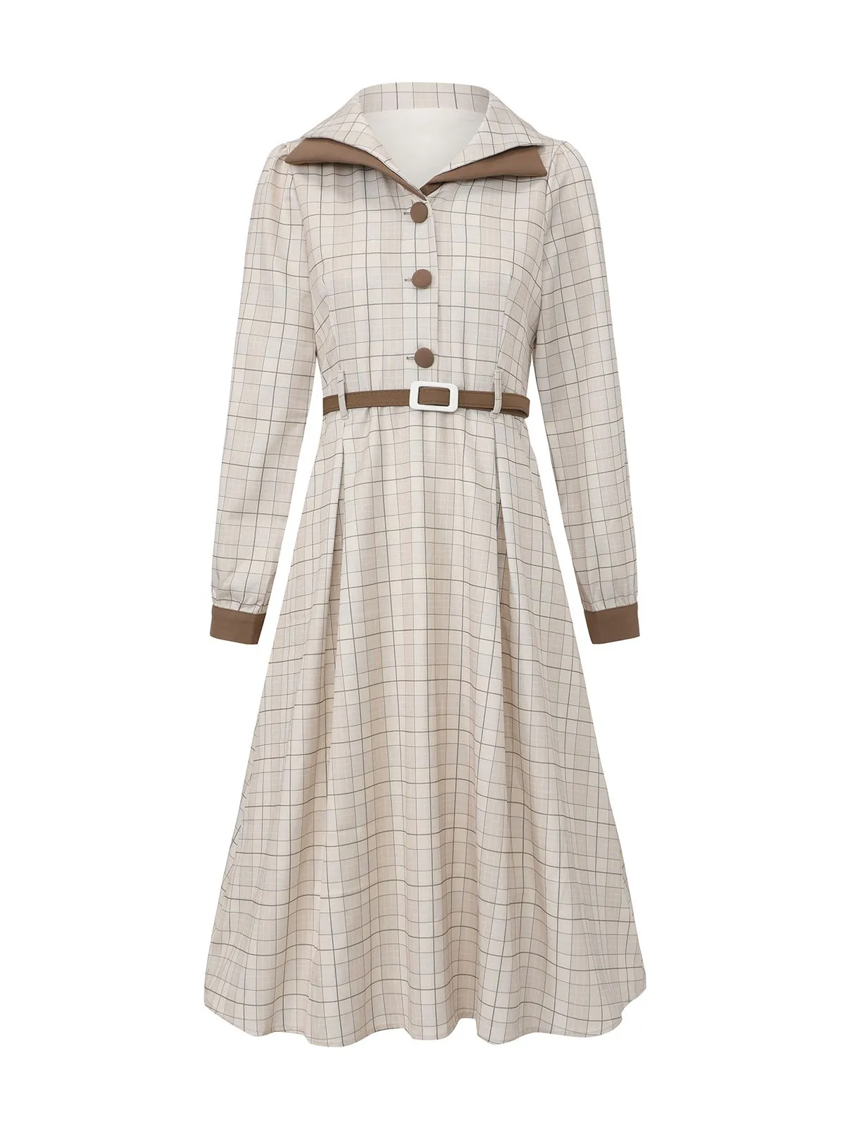 Beige 1940s Plaid Belted Button Shirt Dress sold by Retro Stage product image thumbnail 2
