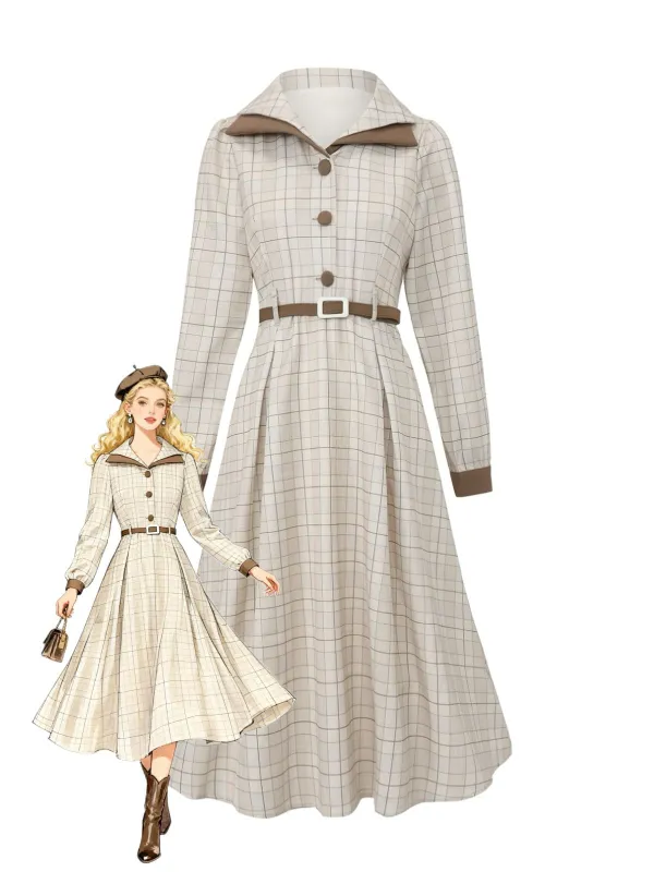 Beige 1940s Plaid Belted Button Shirt Dress sold by Retro Stage
