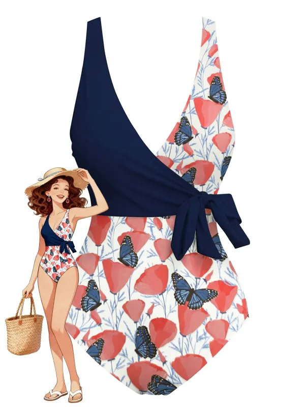 [Pre-Sale] Navy 1950s Floral Butterfly Print One-Piece Swimsuit sold by Retro Stage