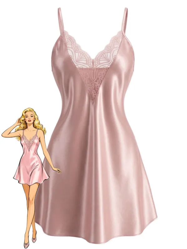 1960s Lace V-Neck Solid Spaghetti Strap Nightgown sold by Retro Stage