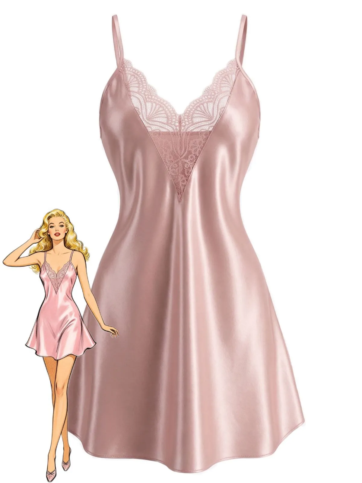 1960s Lace V-Neck Solid Spaghetti Strap Nightgown sold by Retro Stage