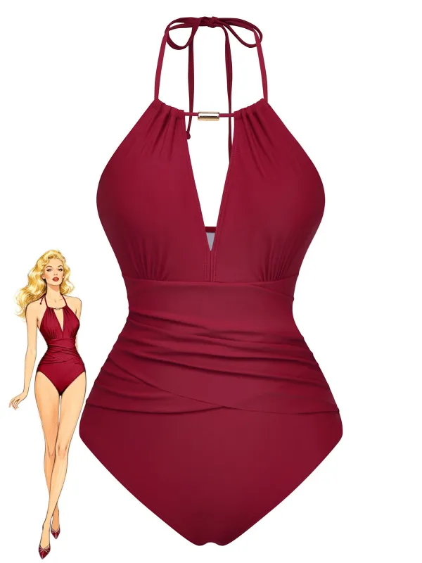 1940s Ruched Deep-V Halter One-Piece Swimsuit sold by Retro Stage
