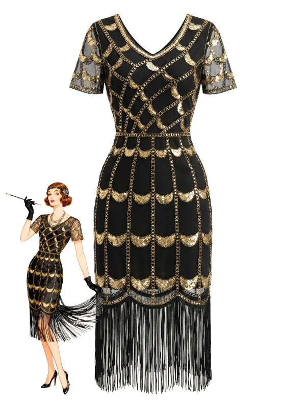 1920s Sequin Beaded Fringe Flapper Dress sold by Retro Stage