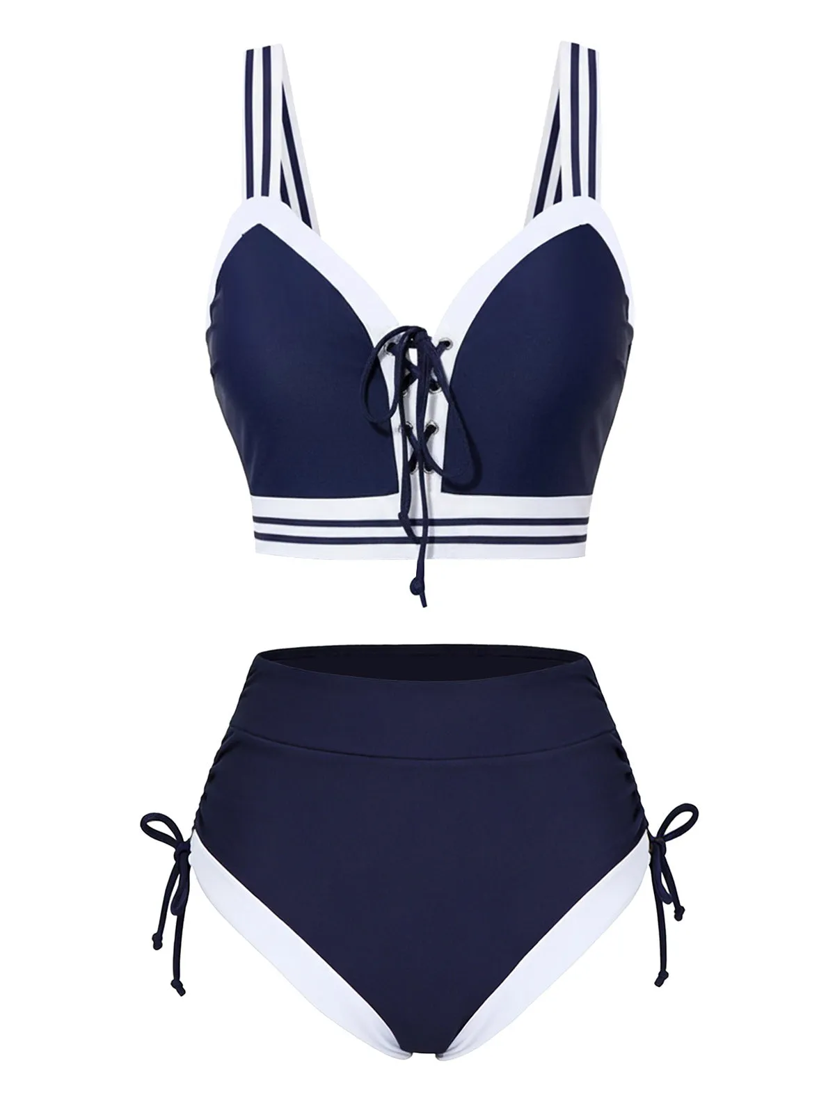 Blue 1940s Nautical Striped Lace-Up Bikini Set sold by Retro Stage product image thumbnail 2