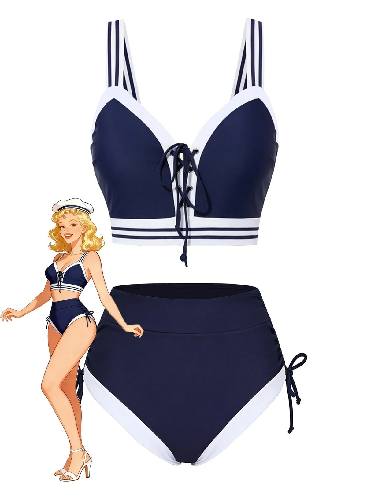 Blue 1940s Nautical Striped Lace-Up Bikini Set sold by Retro Stage