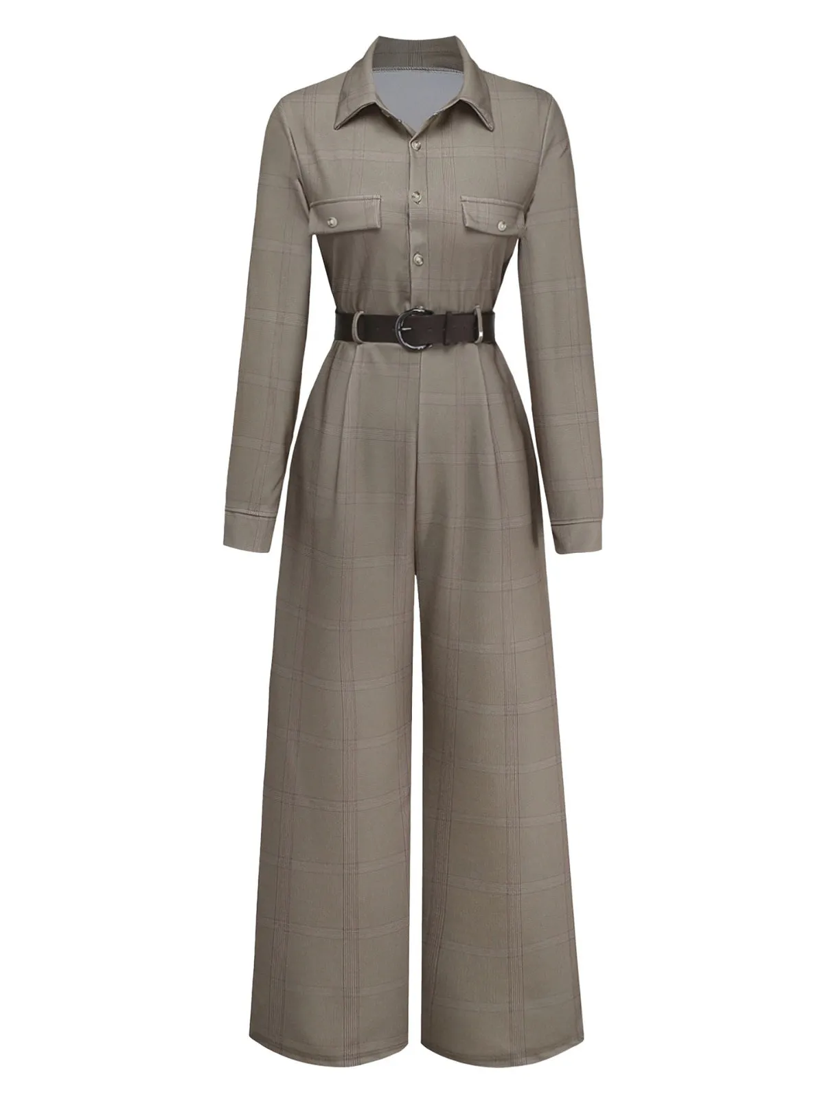 Green 1930s Plaid Lapel Belted Jumpsuit sold by Retro Stage product image thumbnail 2
