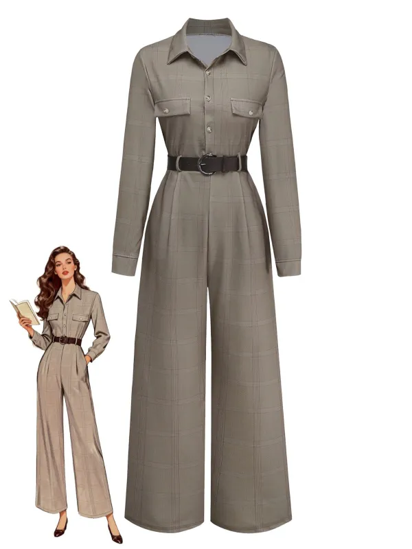 Green 1930s Plaid Lapel Belted Jumpsuit sold by Retro Stage