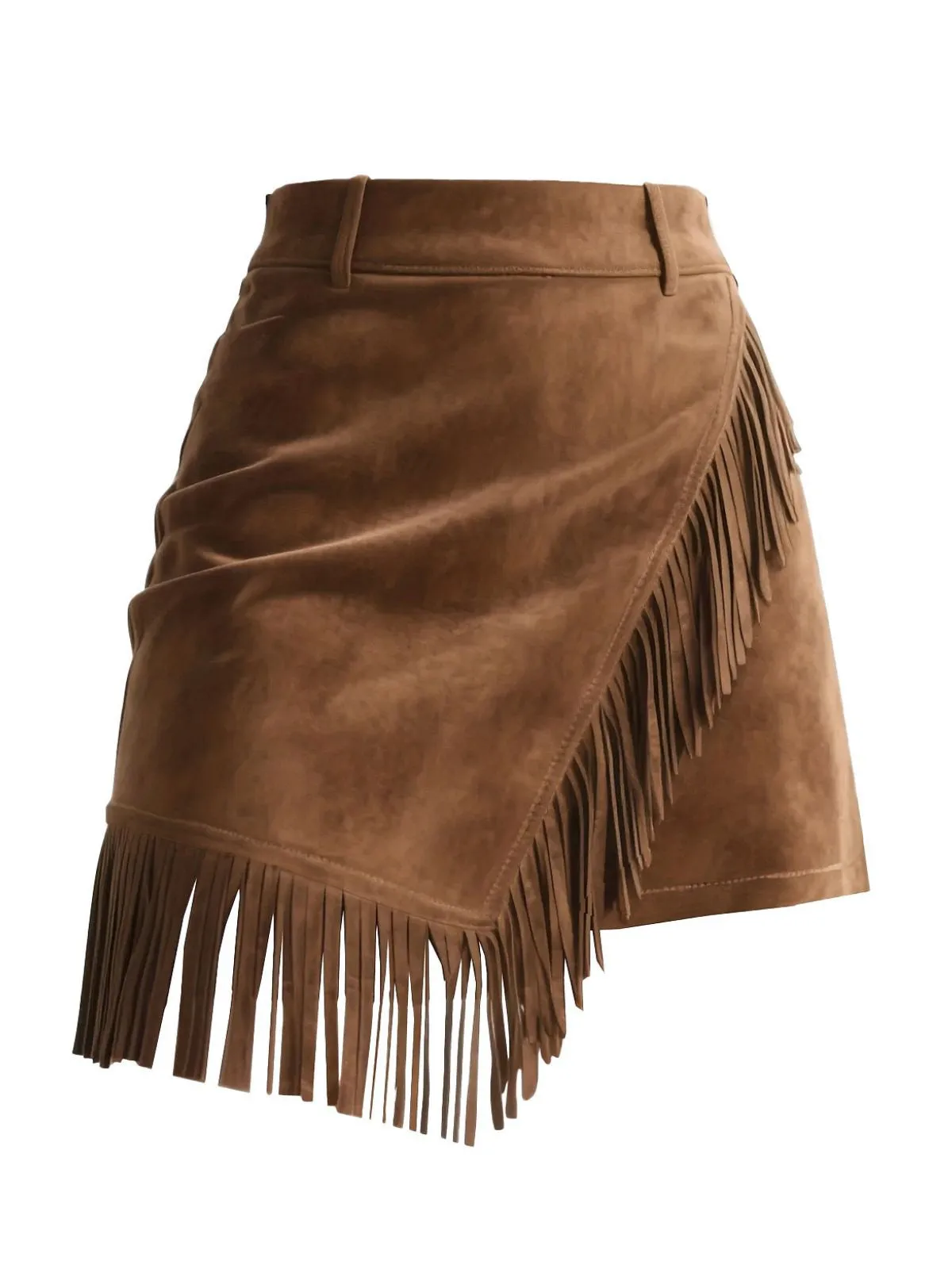 Brown 1960s Faux Suede Fringe Asymmetrical Hem Skirt sold by Retro Stage product image thumbnail 2