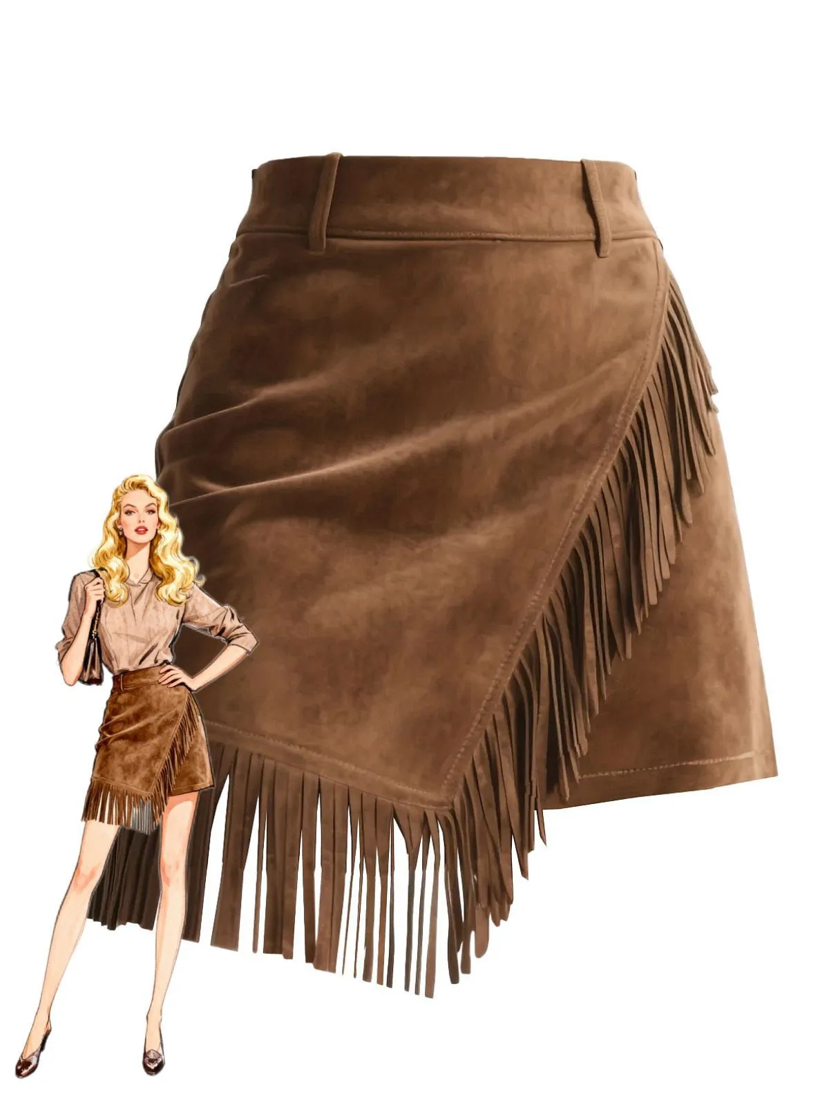 Brown 1960s Faux Suede Fringe Asymmetrical Hem Skirt sold by Retro Stage