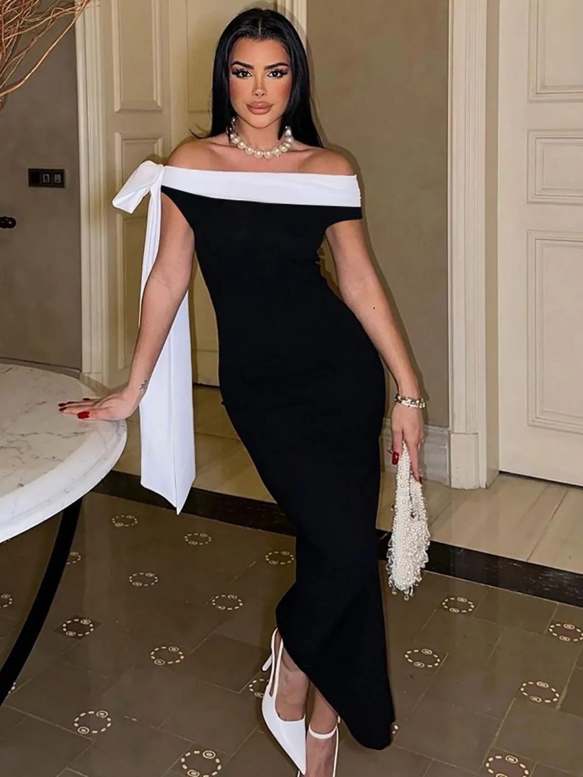 1930s Solid Off-Shoulder Tie Bodycon Maxi Dress sold by Retro Stage product image thumbnail 2