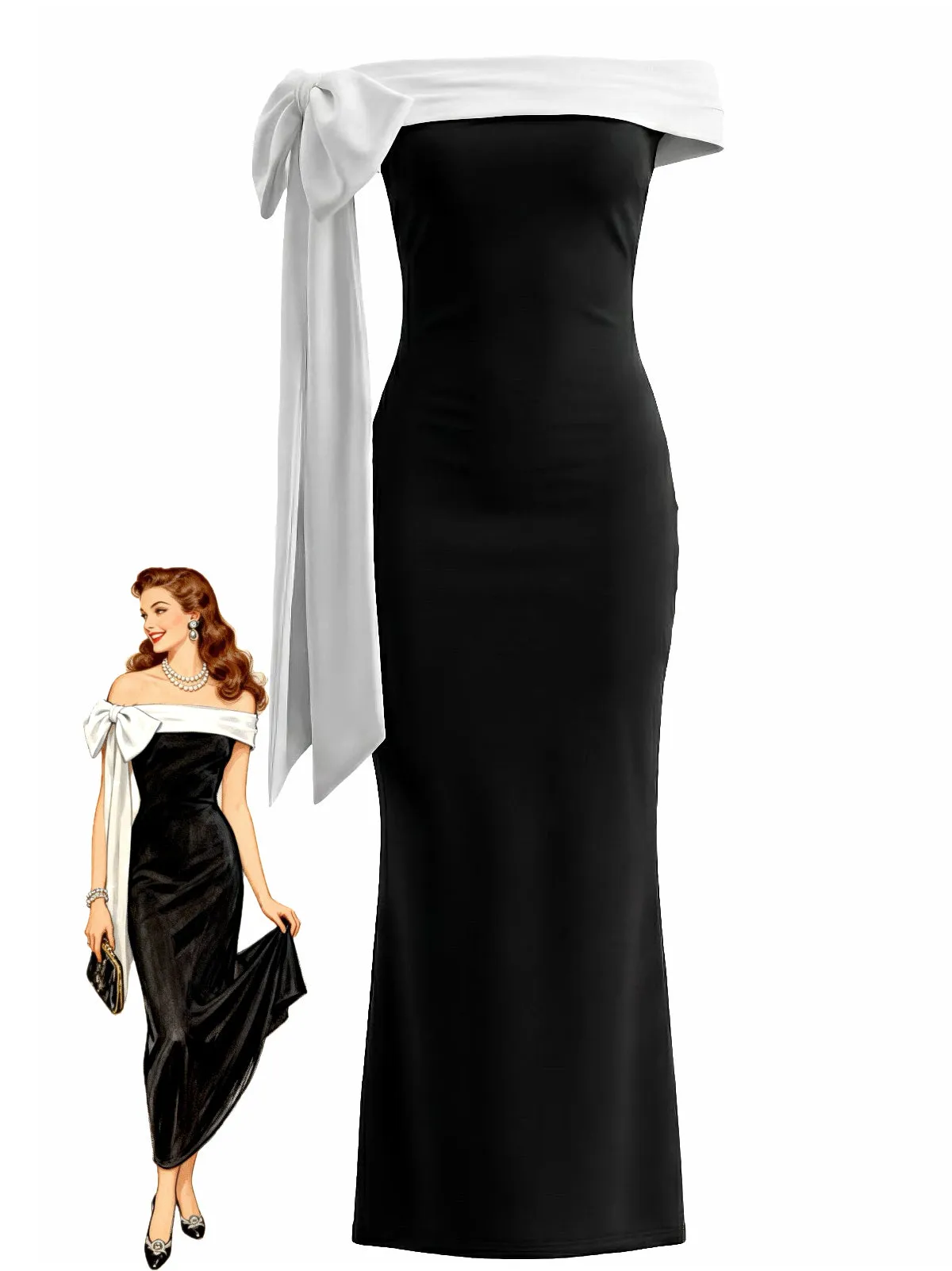 1930s Solid Off-Shoulder Tie Bodycon Maxi Dress sold by Retro Stage