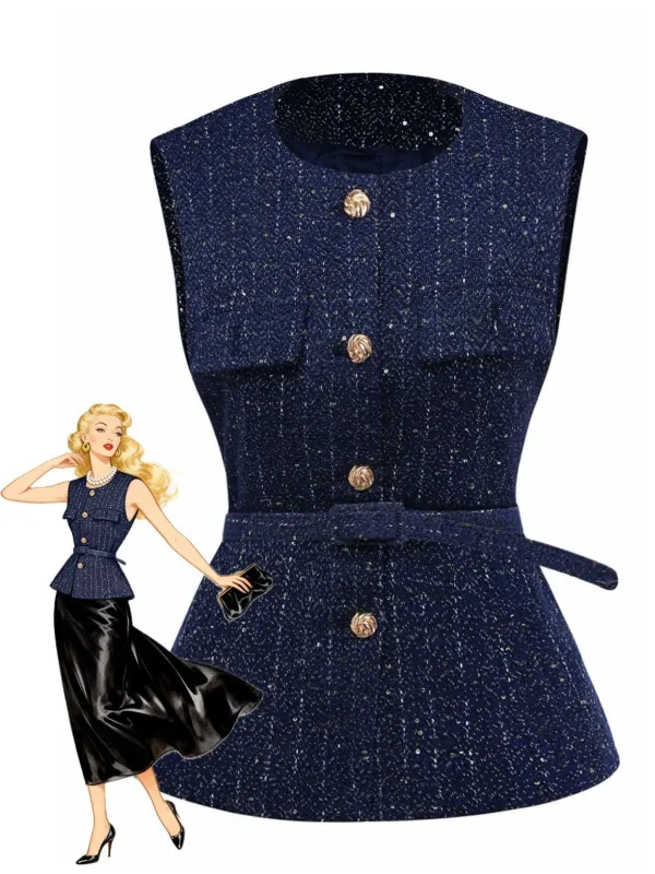 1960s Tweed Solid Button Belted Vest sold by Retro Stage