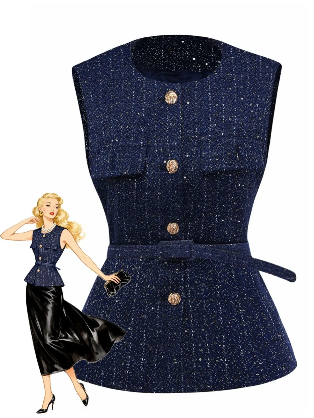 1960s Tweed Solid Button Belted Vest sold by Retro Stage