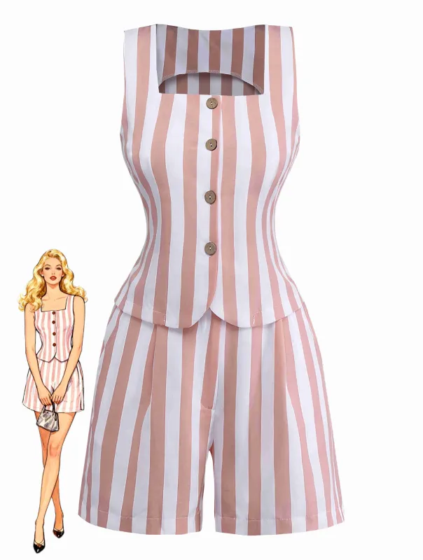 2pcs Khaki 1960s Striped Square Neck Sleeveless Vest & Shorts made by Retro Stage