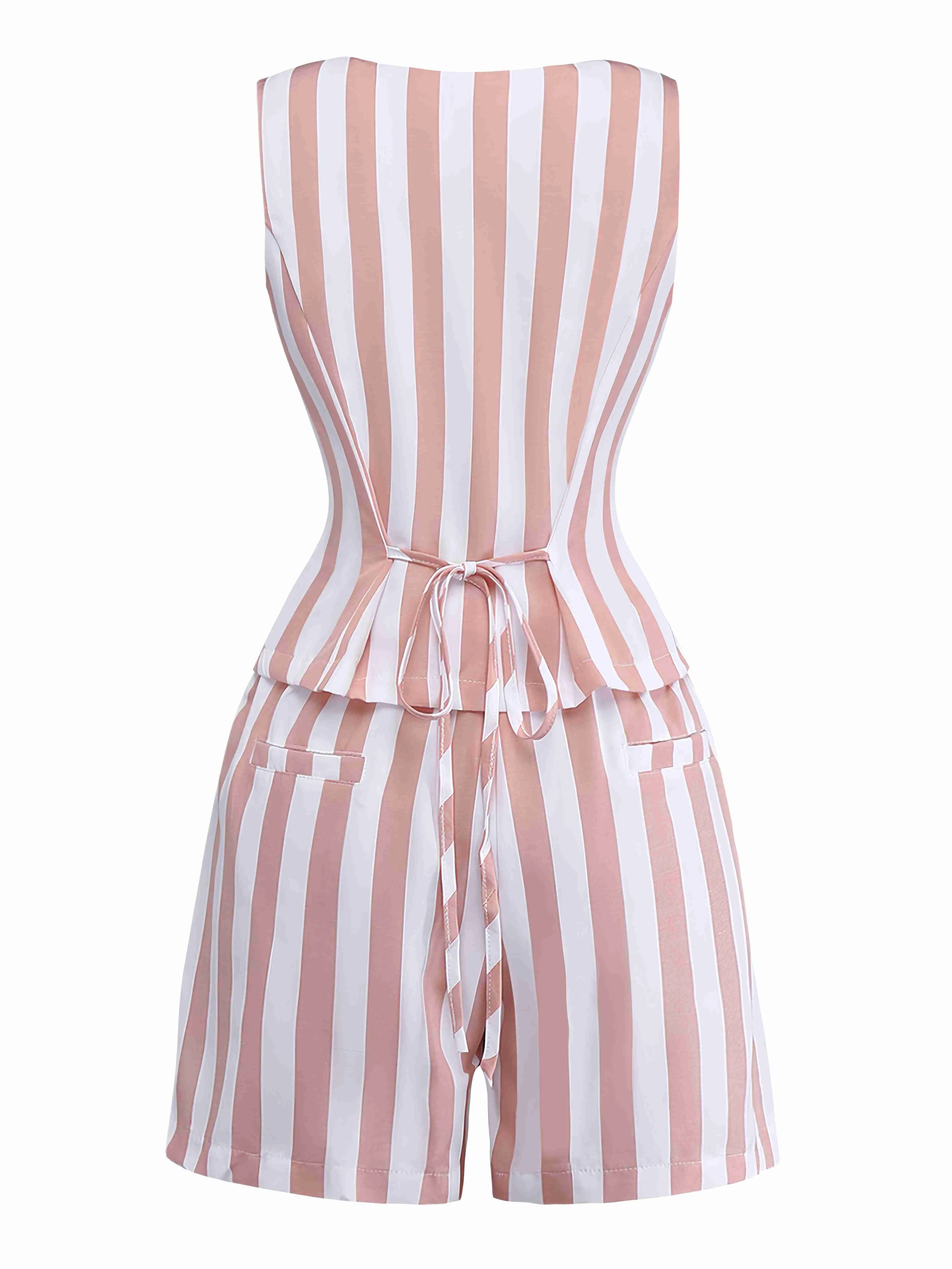 2pcs Khaki 1960s Striped Square Neck Sleeveless Vest & Shorts sold by Retro Stage product image thumbnail 3