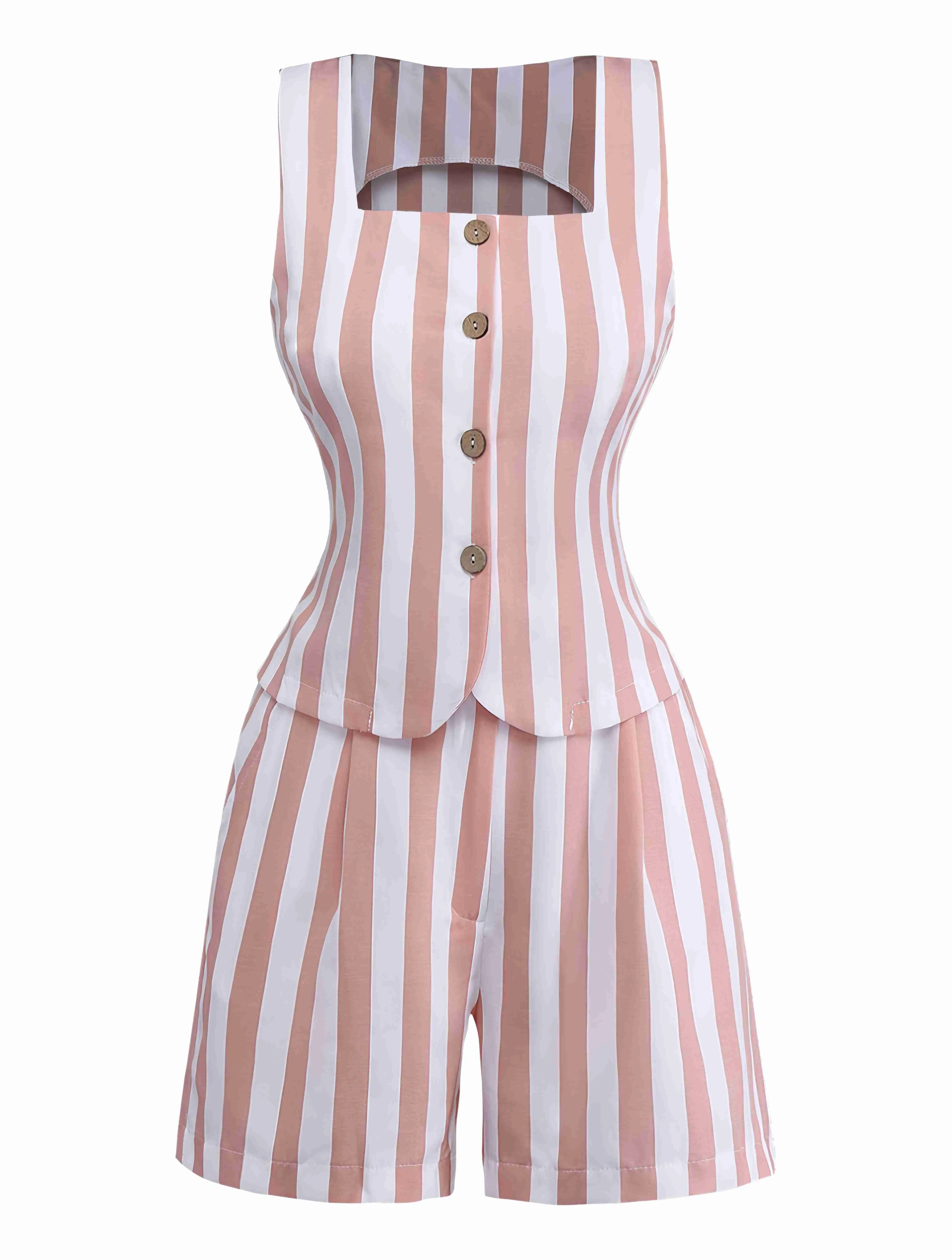 2pcs Khaki 1960s Striped Square Neck Sleeveless Vest & Shorts sold by Retro Stage product image thumbnail 2